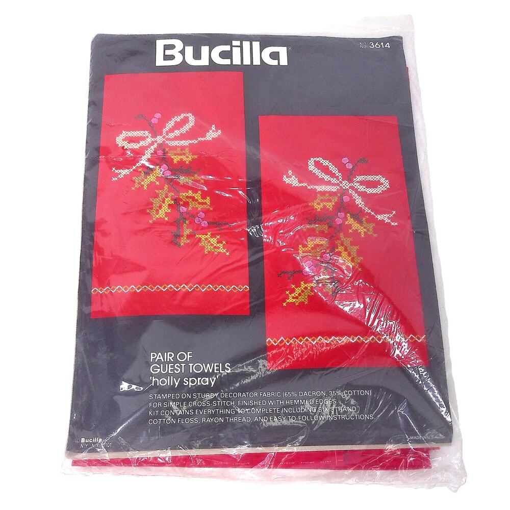 Vintage Bucilla Pair Of Guest Towels Holly Spray Cross Stitch 3616 New